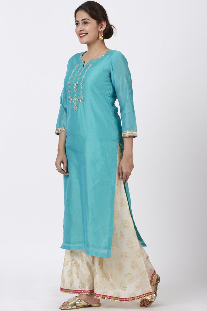 anokherang Combos Cyan Gotta Embroidered Kurti with Ivory Foil Print Palazzo