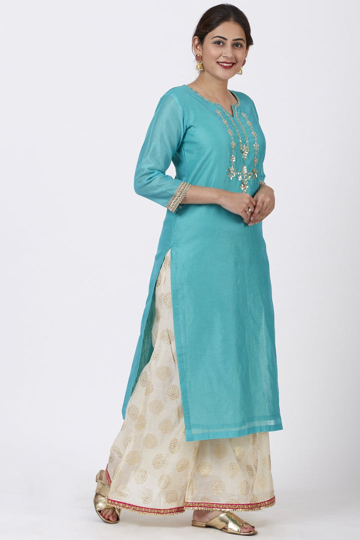 anokherang Combos Cyan Gotta Embroidered Kurti with Ivory Foil Print Palazzo