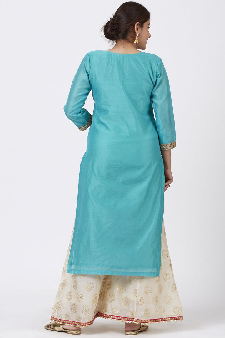 anokherang Combos Cyan Gotta Embroidered Kurti with Ivory Foil Print Palazzo