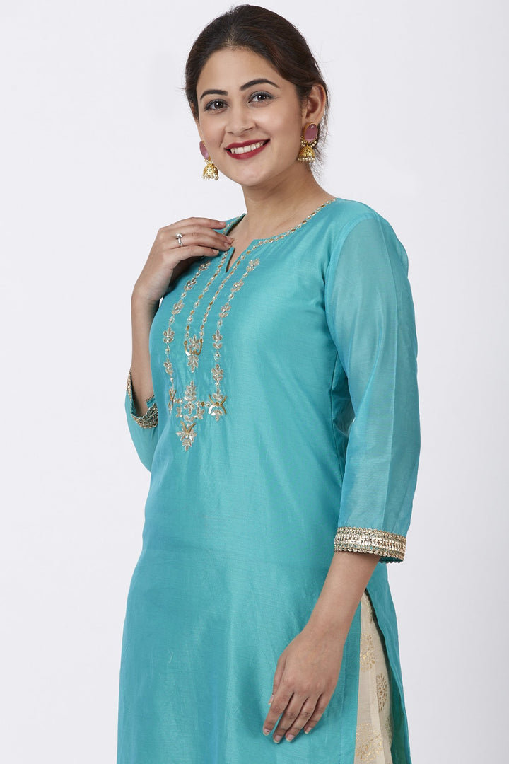 anokherang Combos Cyan Gotta Embroidered Kurti with Ivory Foil Print Palazzo