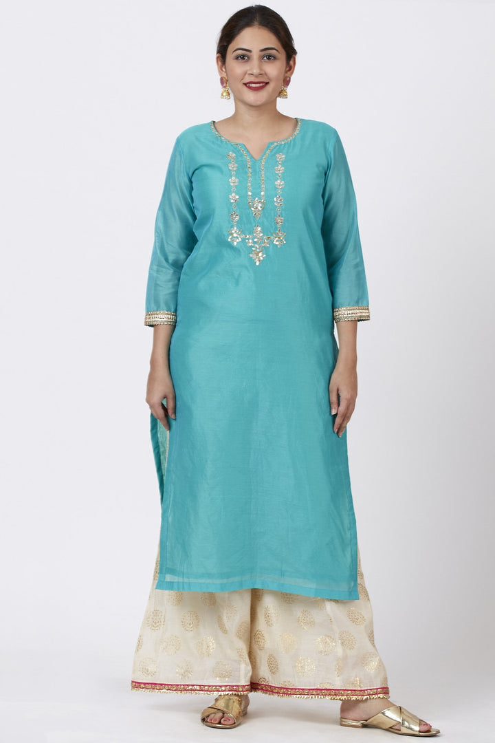 anokherang Combos Cyan Gotta Embroidered Kurti with Ivory Foil Print Palazzo