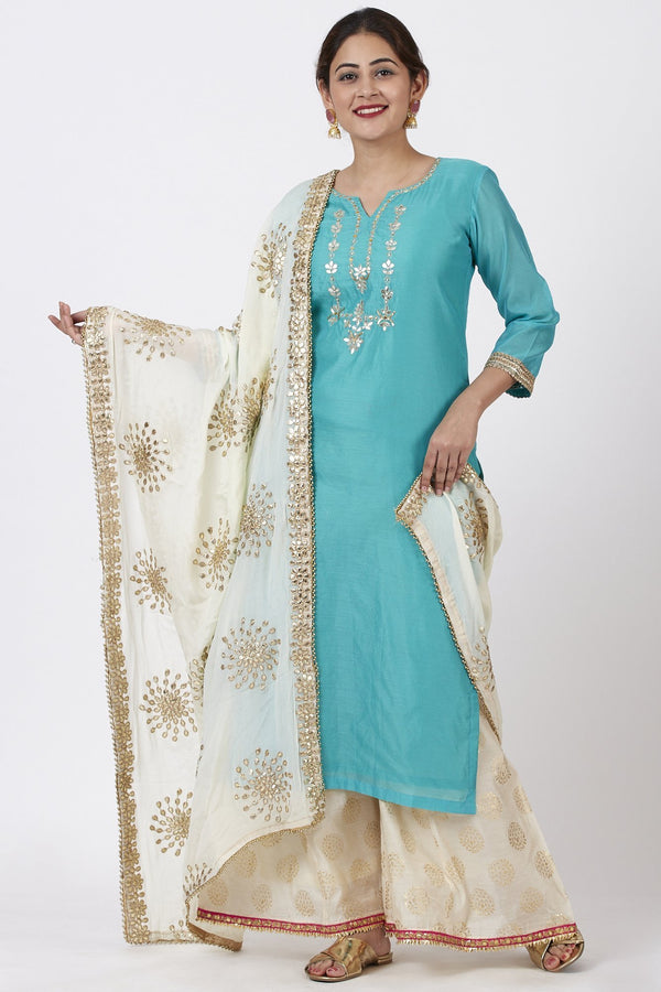 anokherang Combos Cyan Gotta Embroidered Kurti with Ivory Foil Printed Palazzo and Gotta Patti Dupatta
