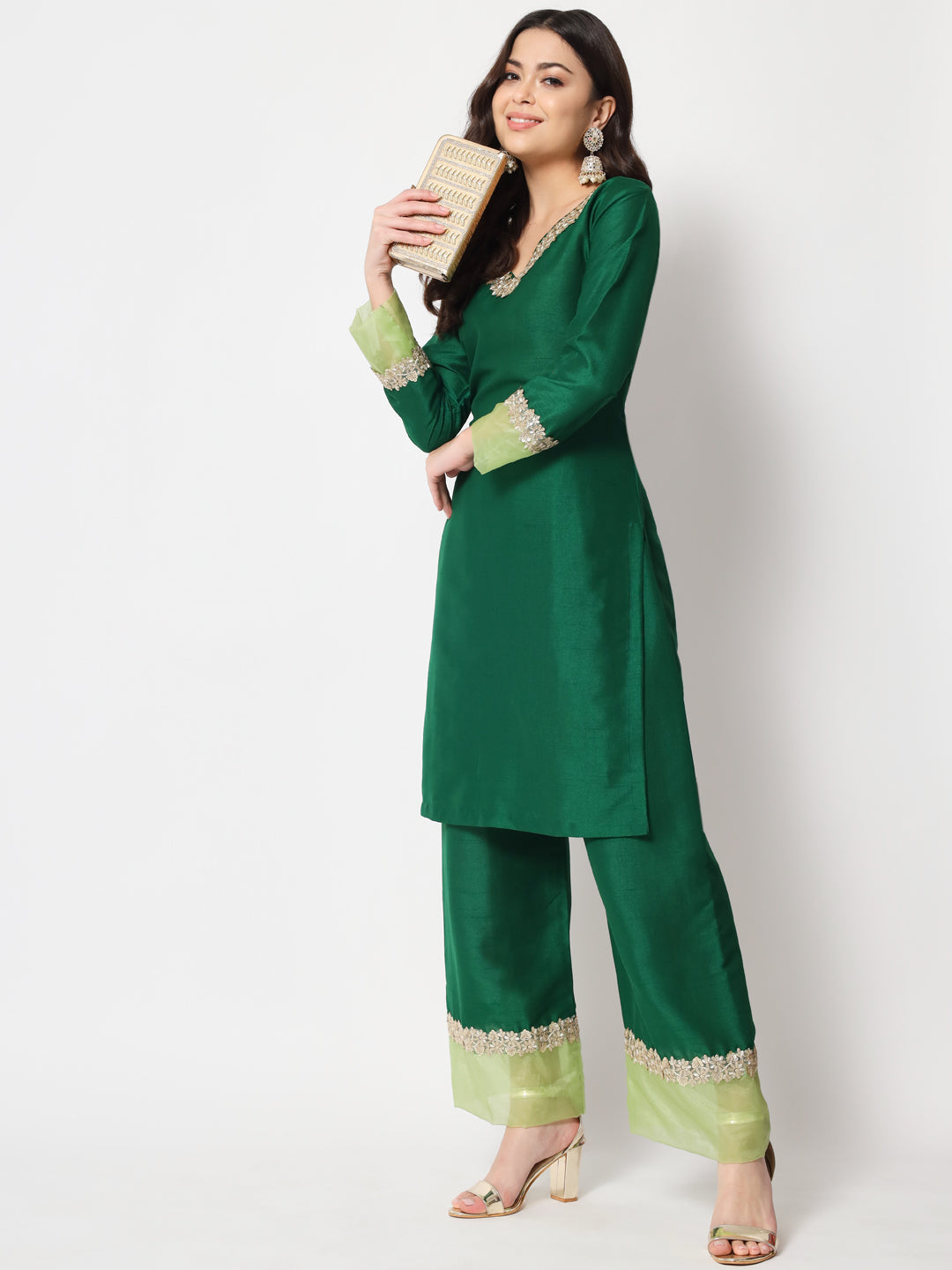 Olive Green Floral Hand block Printed Cotton Kurti Pant Set – Fabru