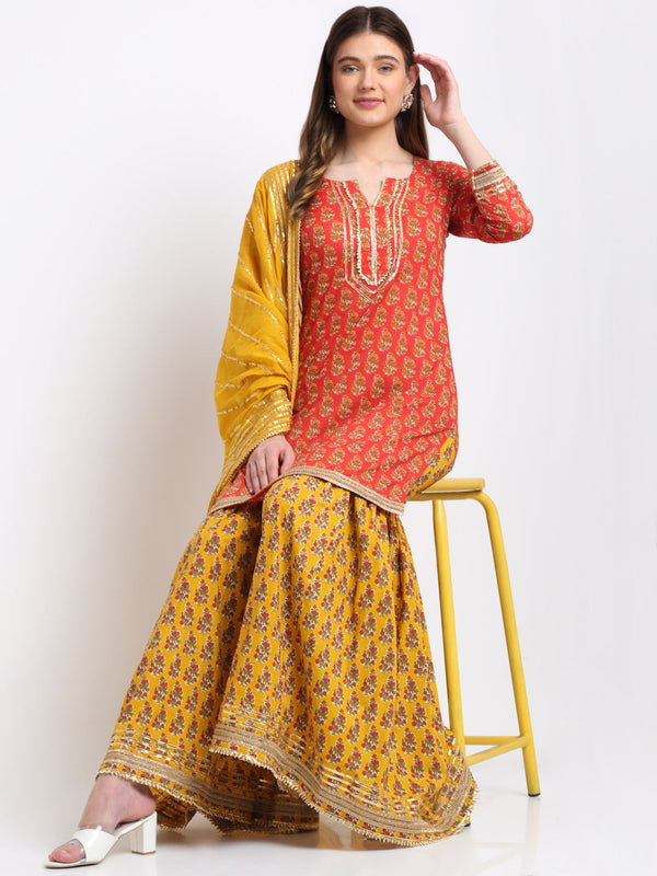 anokherang Combos Dazzling Red Mustard Printed Sharara and Dupatta Couple Matching Dress