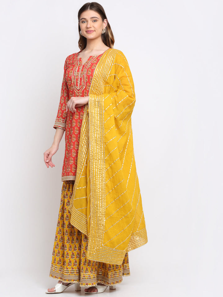 anokherang Combos Dazzling Red Mustard Printed Sharara and Dupatta