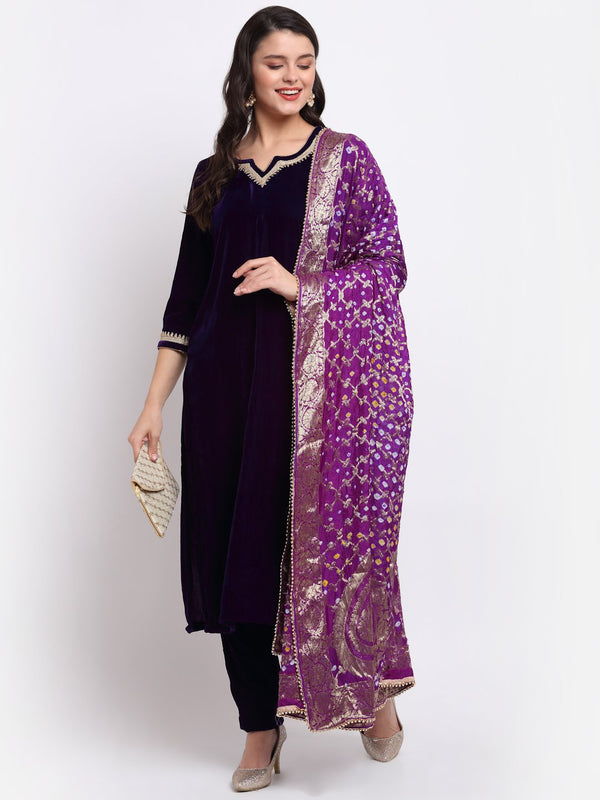 anokherang Combos Deep Purple Velvet Straight Kurti with Pants and Bandhej Dupatta