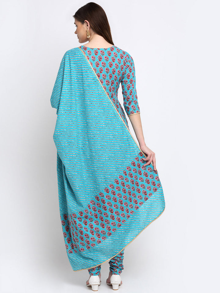 anokherang Combos Deep Skies Firozi Floral Straight Kurti with Churidaar and Lehriya Dupatta