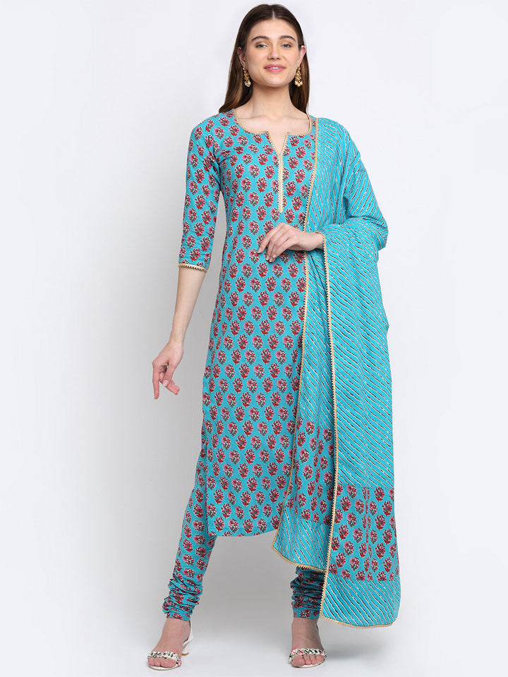 anokherang Combos Deep Skies Firozi Floral Straight Kurti with Churidaar and Lehriya Dupatta