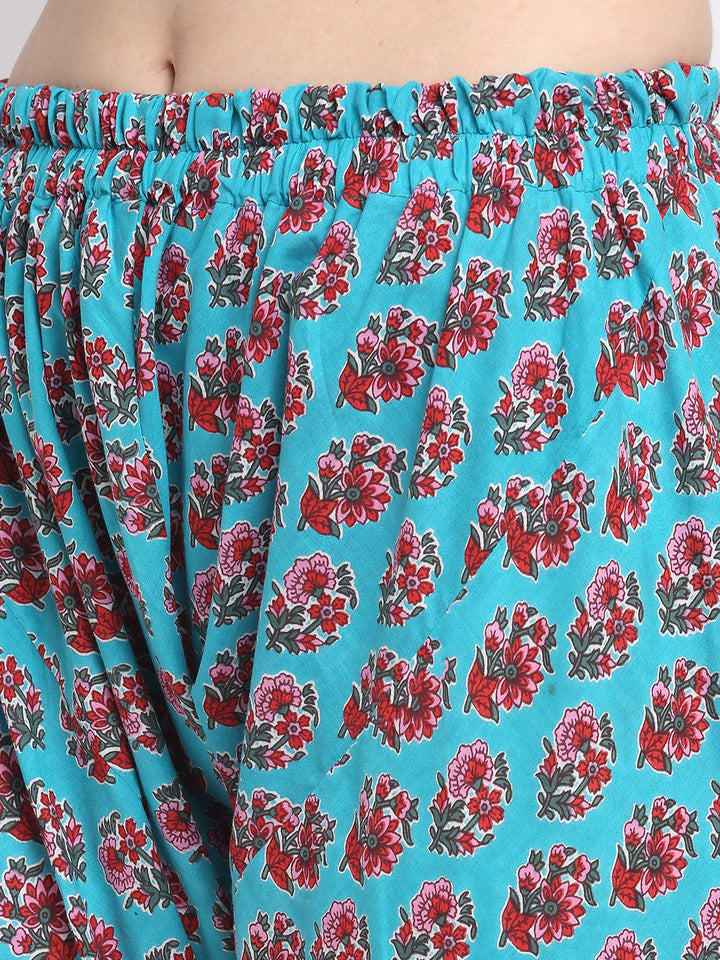 anokherang Combos Deep Skies Firozi Floral Straight Kurti with Churidaar and Lehriya Dupatta