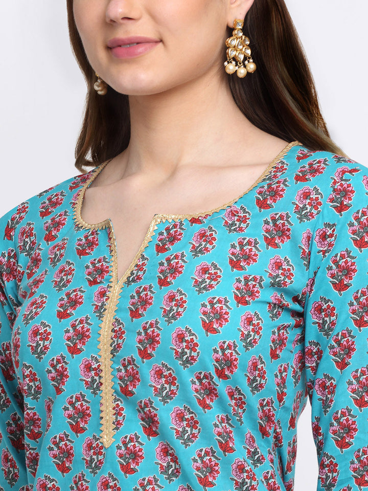anokherang Combos Deep Skies Firozi Floral Straight Kurti with Churidaar and Lehriya Dupatta