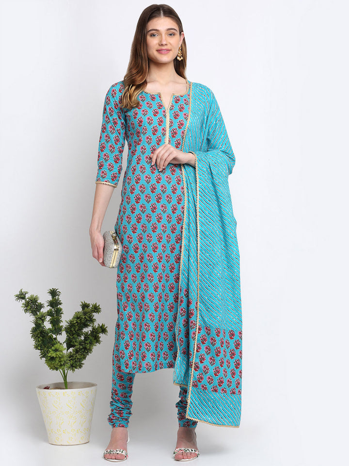 anokherang Combos Deep Skies Firozi Floral Straight Kurti with Churidaar and Lehriya Dupatta