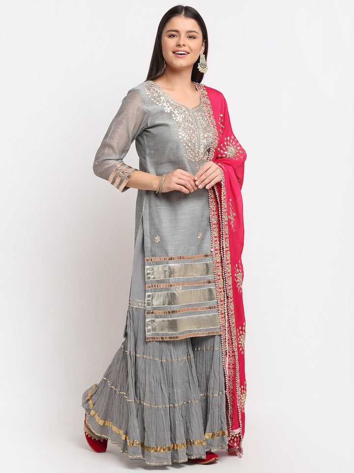 anokherang Combos Dreamy Gray Gotta Patti Kurti with Sharara and Floral Gotta Patti Dupatta