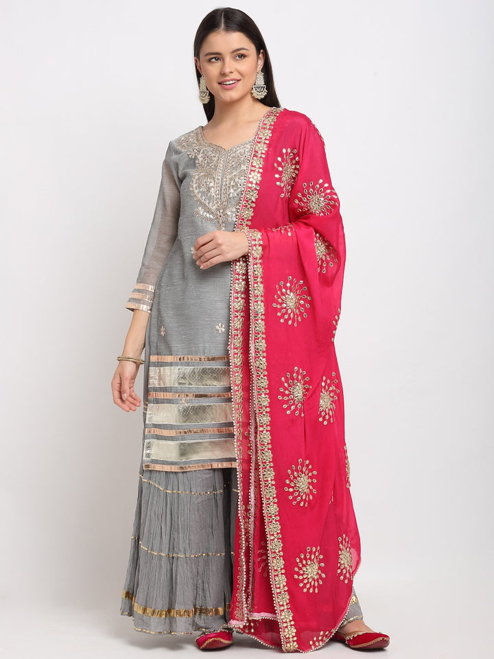 anokherang Combos Dreamy Gray Gotta Patti Kurti with Sharara and Floral Gotta Patti Dupatta