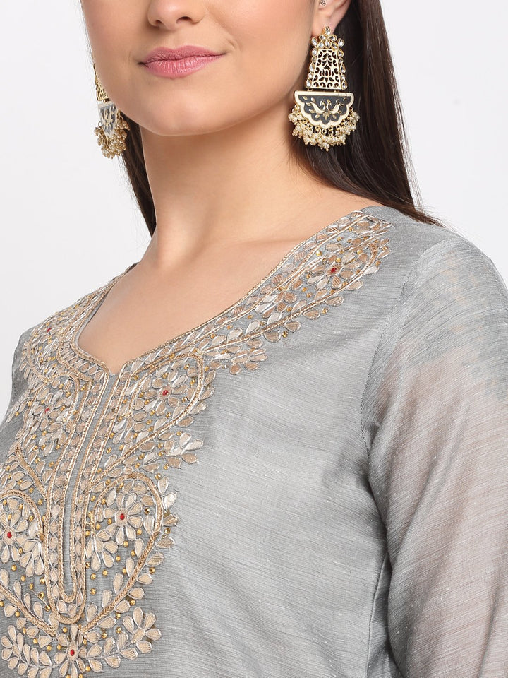 anokherang Combos Dreamy Gray Gotta Patti Kurti with Sharara and Floral Gotta Patti Dupatta