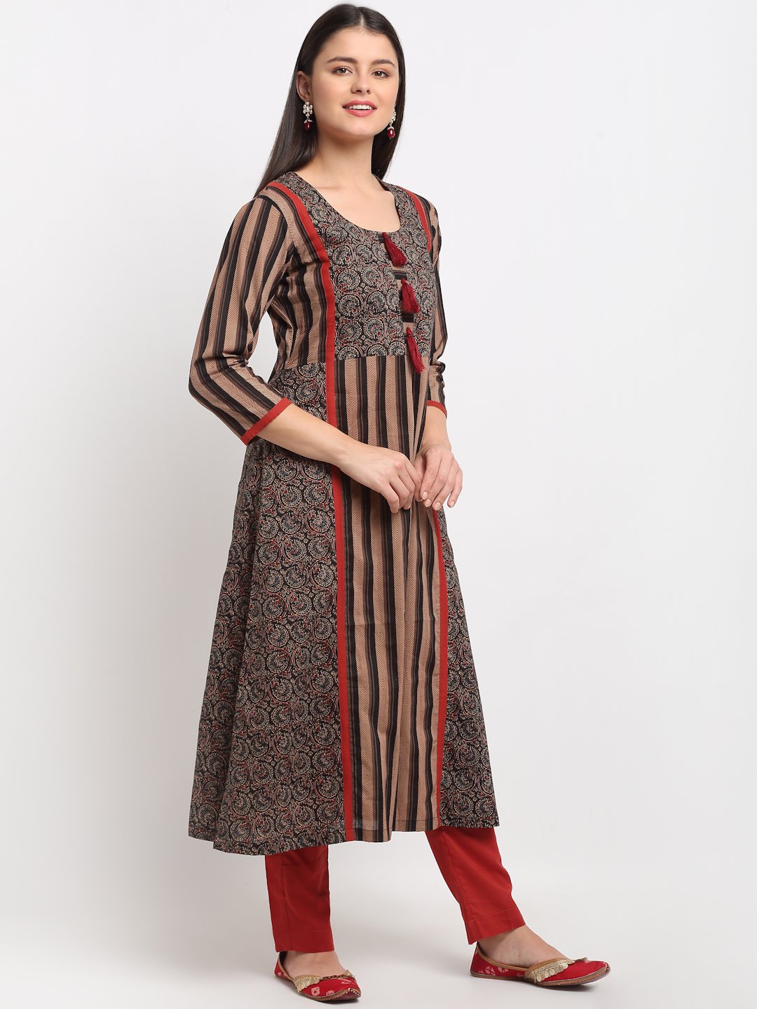 Printed Pure Cotton Flared Kurti in Red : TXR760