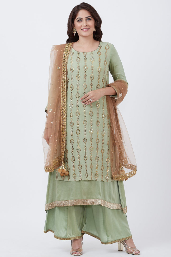 anokherang Combos Dusty Green Georgette Double Layered Kurti with Palazzo and Gold Net Mirror Dupatta