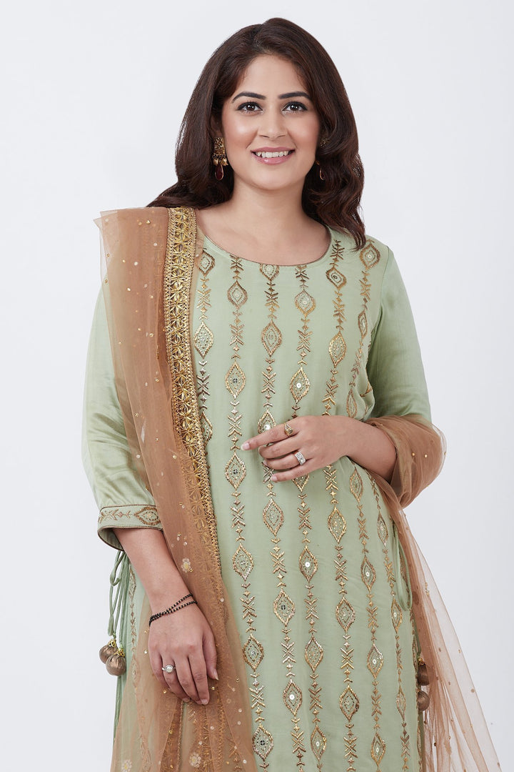 Dusty Green Georgette Double Layered Kurti with Palazzo and Gold Net M –  anokherang