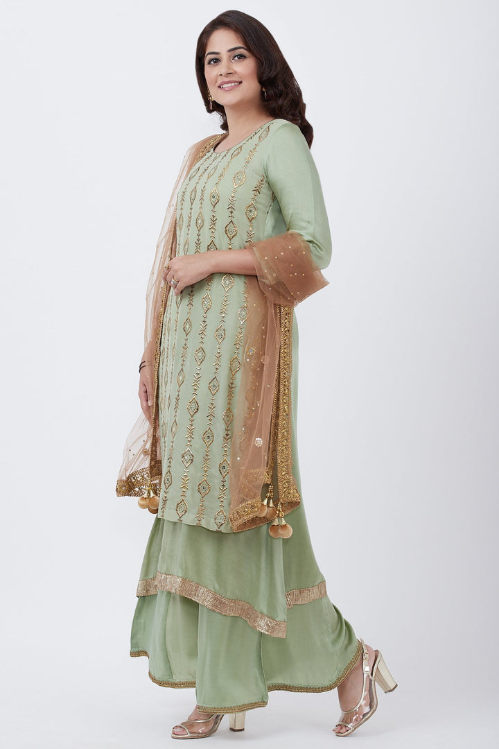 anokherang Combos Dusty Green Georgette Double Layered Kurti with Palazzo and Gold Net Mirror Dupatta