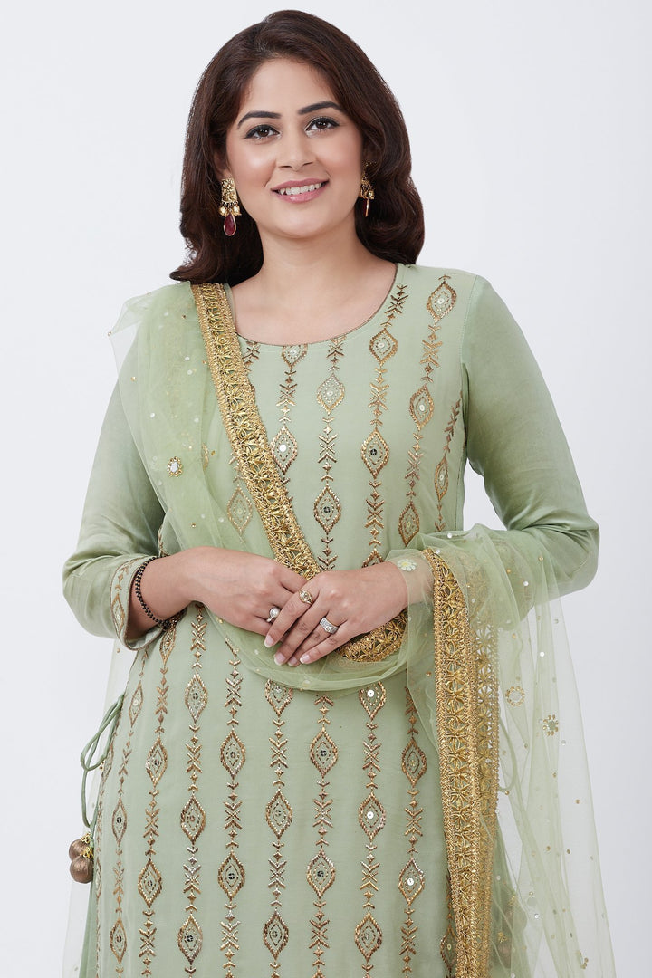 anokherang Combos Dusty Green Georgette Double Layered Kurti with Palazzo and Net Mirror Dupatta