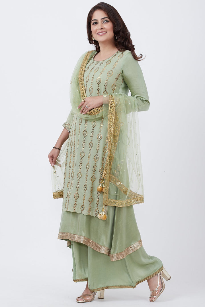 anokherang Combos Dusty Green Georgette Double Layered Kurti with Palazzo and Net Mirror Dupatta