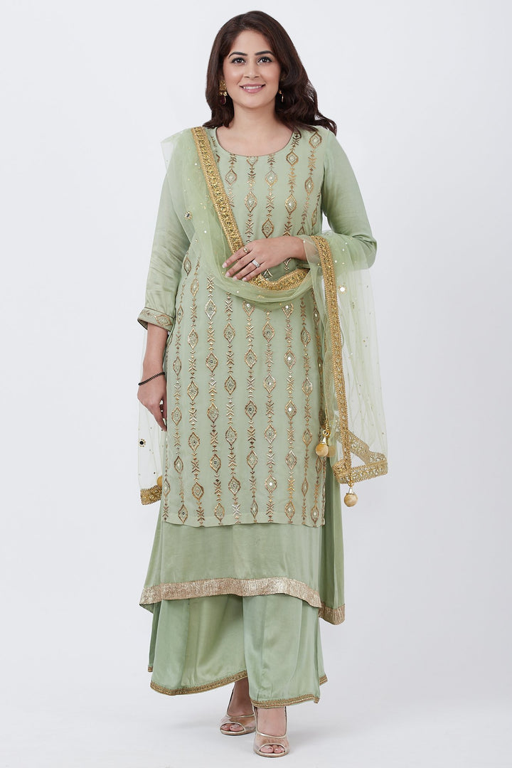 anokherang Combos Dusty Green Georgette Double Layered Kurti with Palazzo and Net Mirror Dupatta
