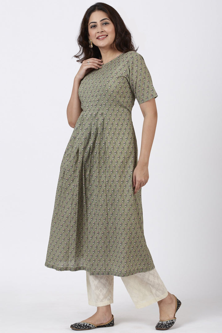anokherang Combos Dusty Green Pink Floral Printed Pleated Kurti with Straight Palazzos