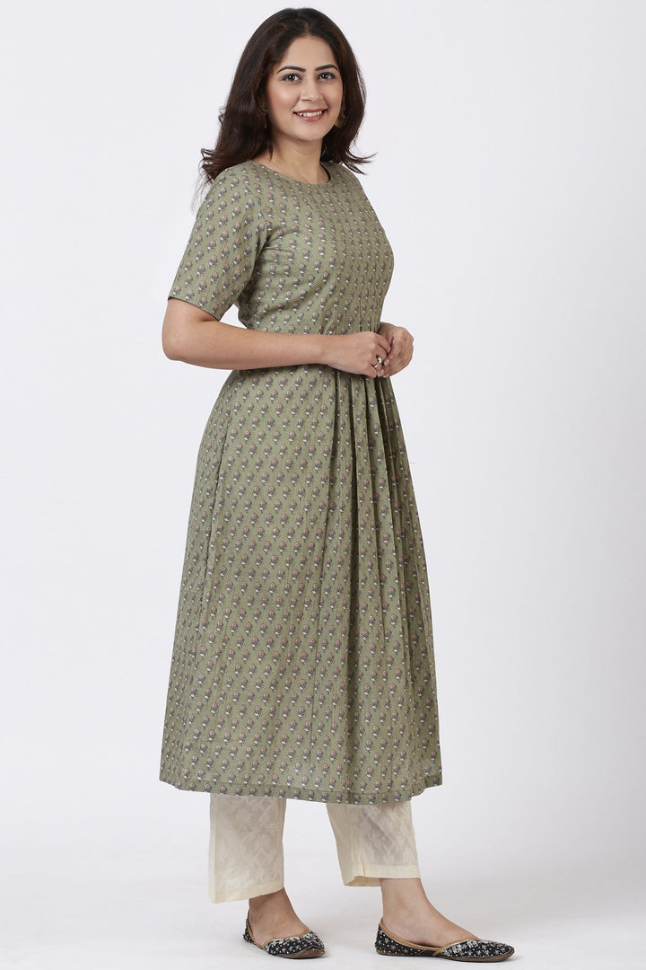anokherang Combos Dusty Green Pink Floral Printed Pleated Kurti with Straight Palazzos
