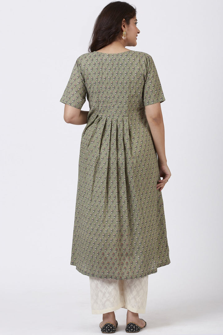 anokherang Combos Dusty Green Pink Floral Printed Pleated Kurti with Straight Palazzos