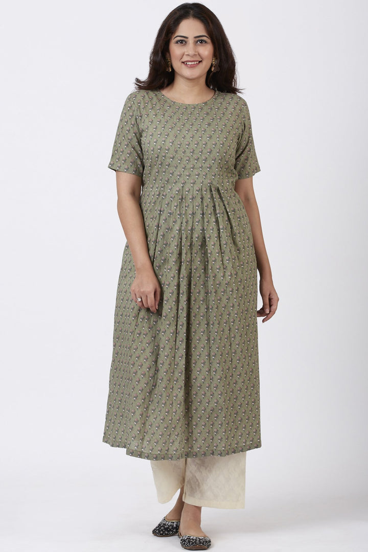 anokherang Combos Dusty Green Pink Floral Printed Pleated Kurti with Straight Palazzos