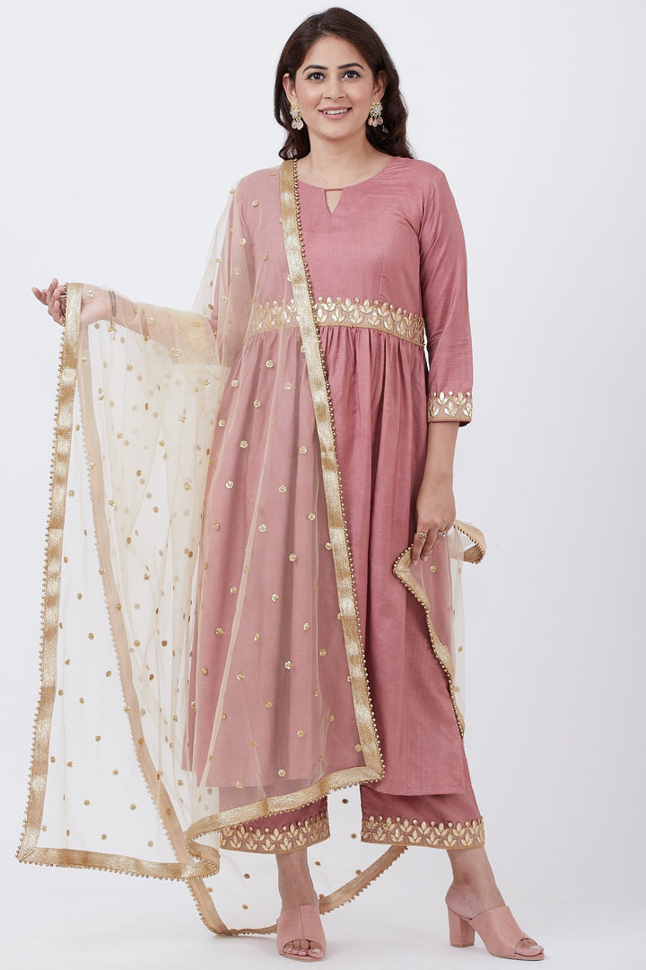 anokherang Combos Dusty Pink Gathered Kurti with Gotta Patti and Straight Palazzo and Gold Sequins Dupatta