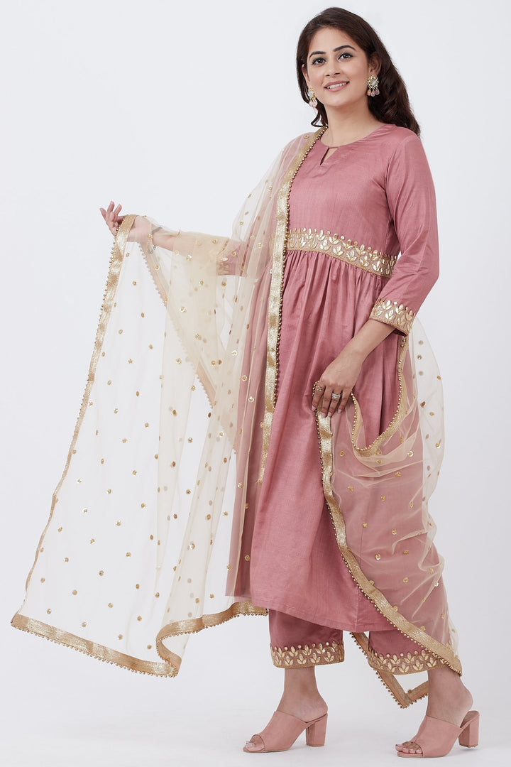 anokherang Combos Dusty Pink Gathered Kurti with Gotta Patti and Straight Palazzo and Gold Sequins Dupatta