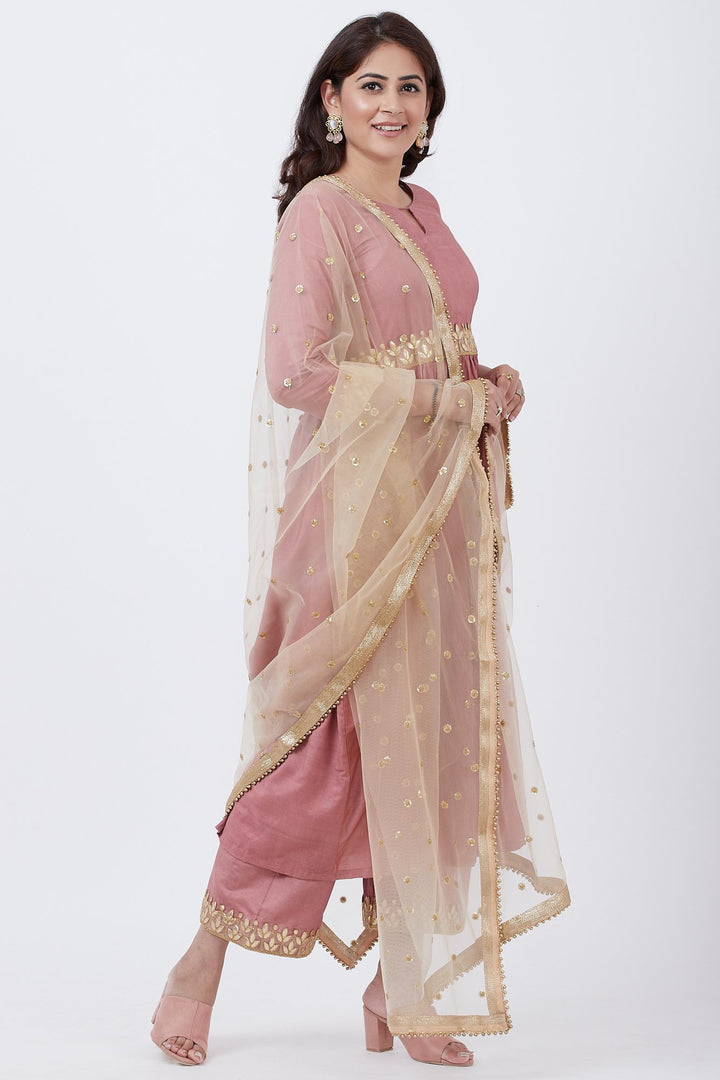 anokherang Combos Dusty Pink Gathered Kurti with Gotta Patti and Straight Palazzo and Gold Sequins Dupatta