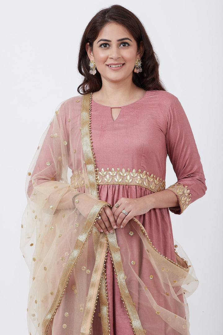 anokherang Combos Dusty Pink Gathered Kurti with Gotta Patti and Straight Palazzo and Gold Sequins Dupatta