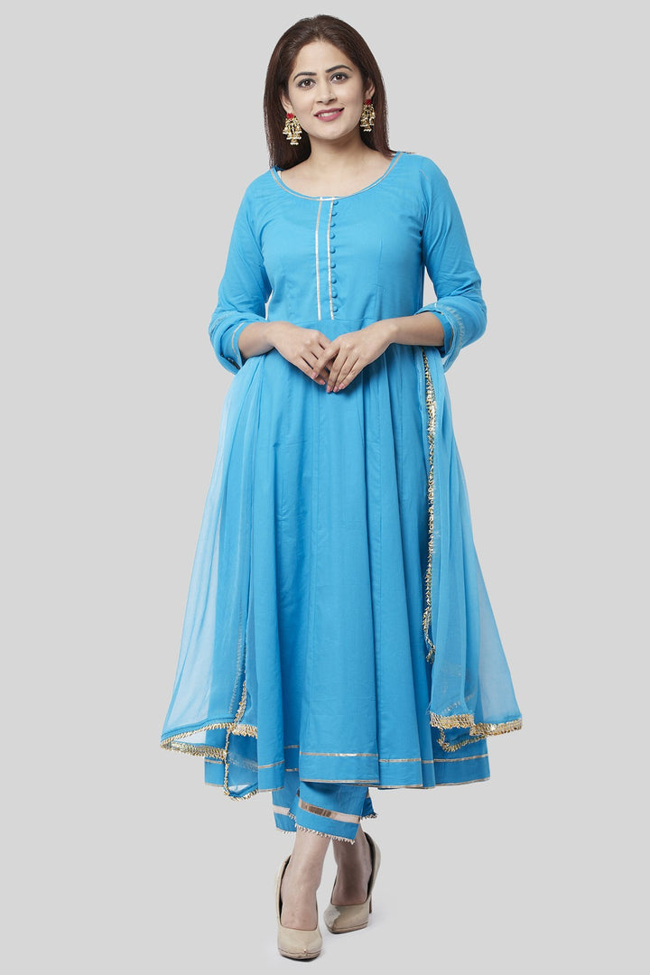 anokherang Combos Electric Blue Gotta Anarkali with Straight Palazzo and Gotta Chiffon Dupatta