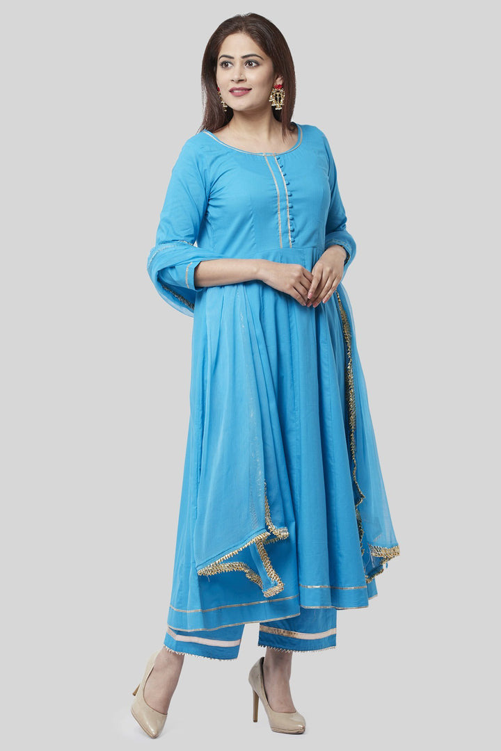 anokherang Combos Electric Blue Gotta Anarkali with Straight Palazzo and Gotta Chiffon Dupatta