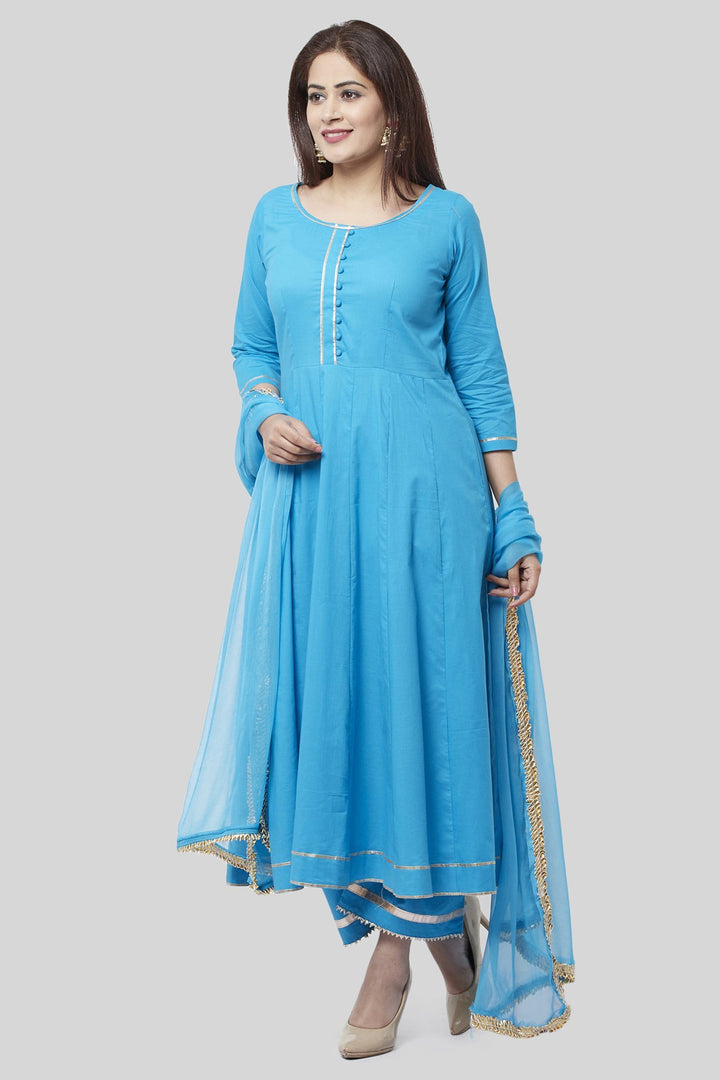 anokherang Combos Electric Blue Gotta Anarkali with Straight Palazzo and Gotta Chiffon Dupatta