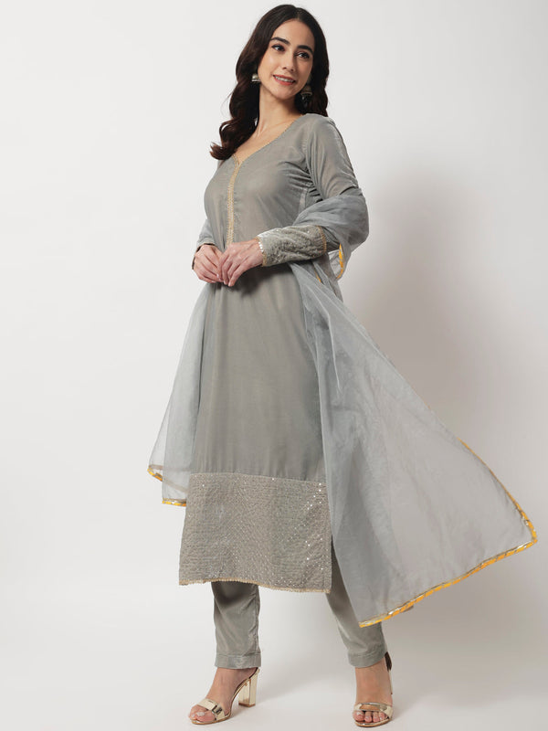 anokherang Combos Elegant Grey Straight Kurti With Straight Pants and Organza Dupatta