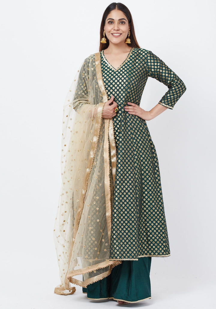 anokherang Combos Emerald Green Brocade Anarkai with Kalidaar Palazzo and Sequenced Dupatta