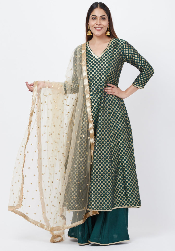 anokherang Combos Emerald Green Brocade Anarkai with Kalidaar Palazzo and Sequenced Dupatta