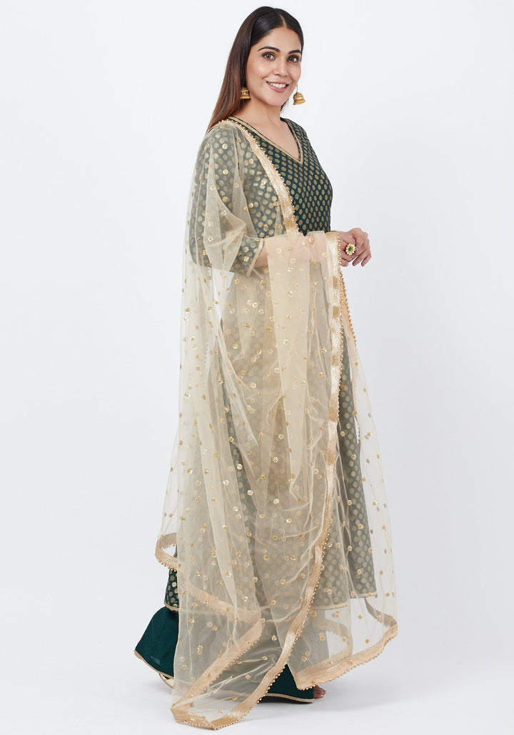 anokherang Combos Emerald Green Brocade Anarkai with Kalidaar Palazzo and Sequenced Dupatta