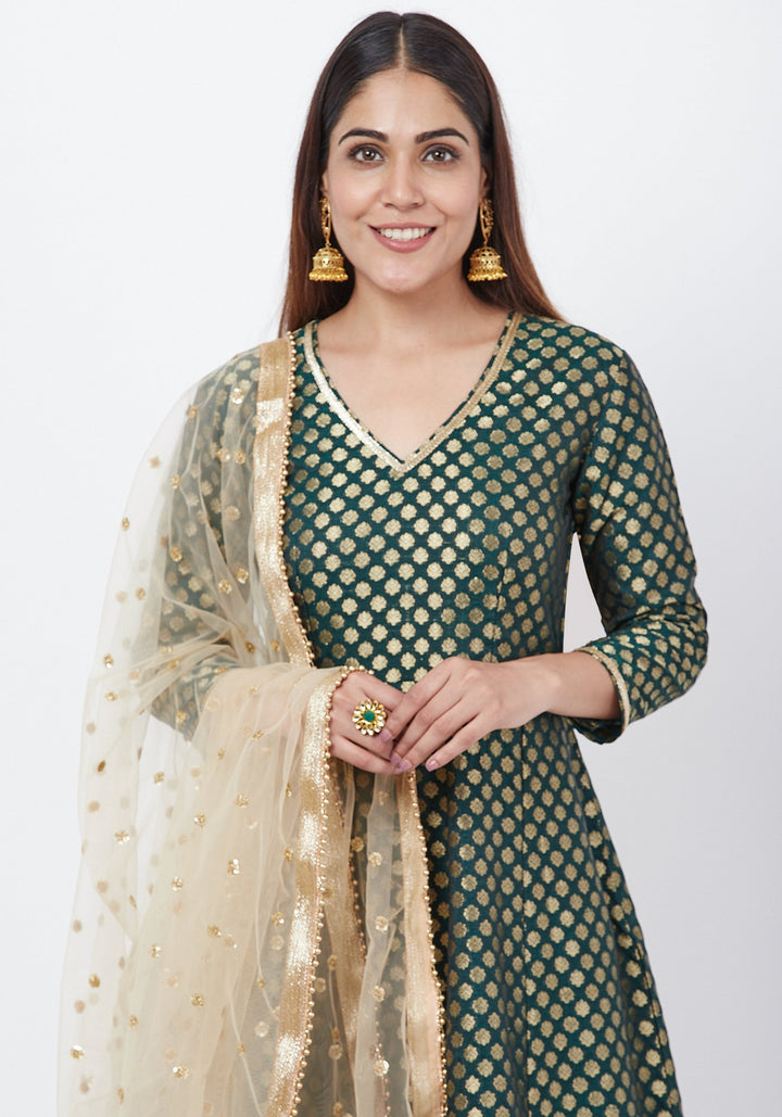anokherang Combos Emerald Green Brocade Anarkai with Kalidaar Palazzo and Sequenced Dupatta