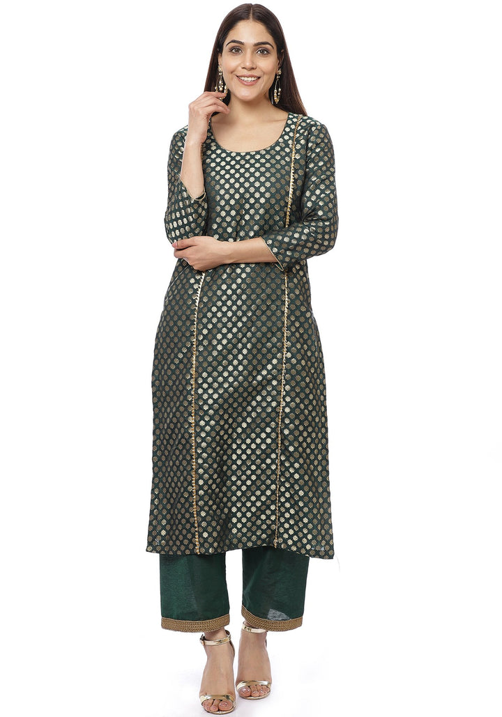 anokherang Combos Emerald Green Brocade Panelled Kurti with Straight Palazzos