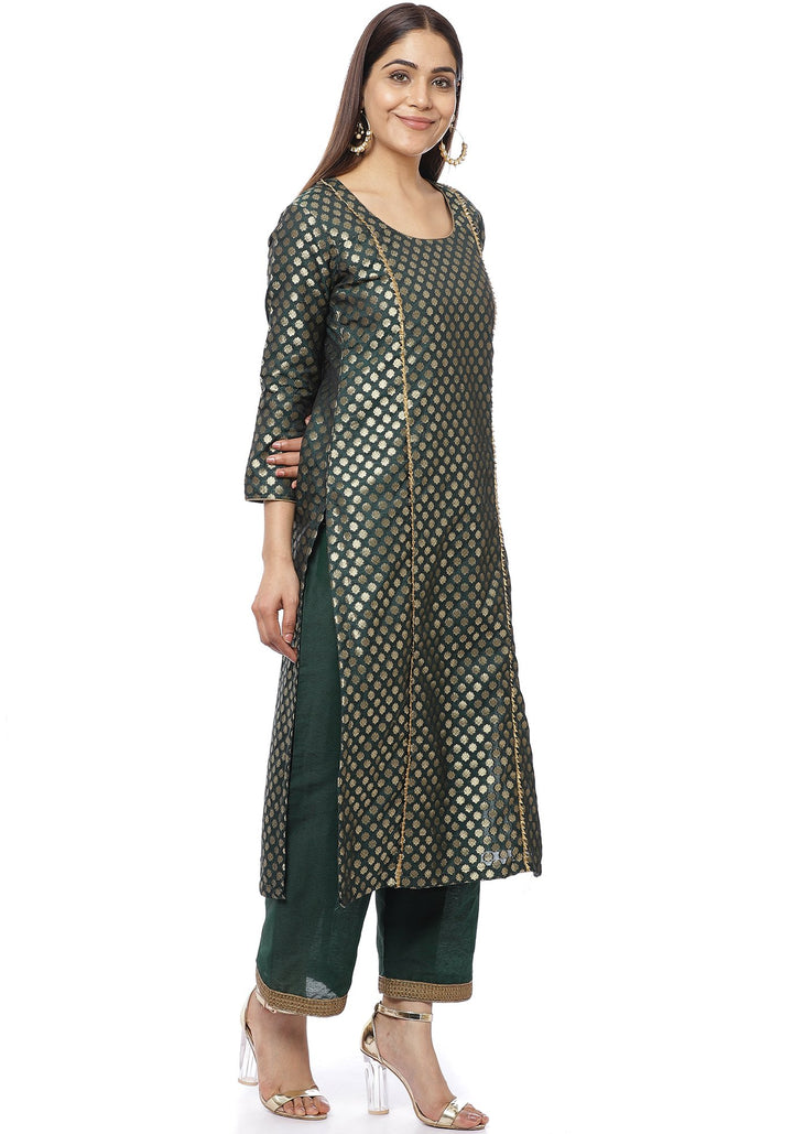 anokherang Combos Emerald Green Brocade Panelled Kurti with Straight Palazzos