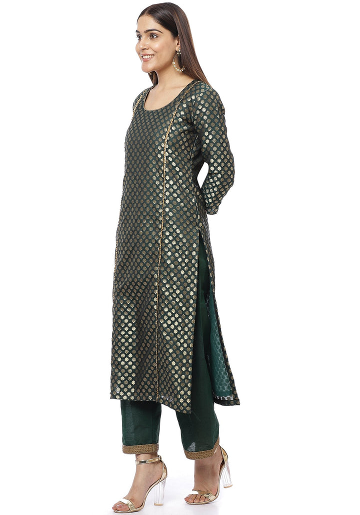 anokherang Combos Emerald Green Brocade Panelled Kurti with Straight Palazzos
