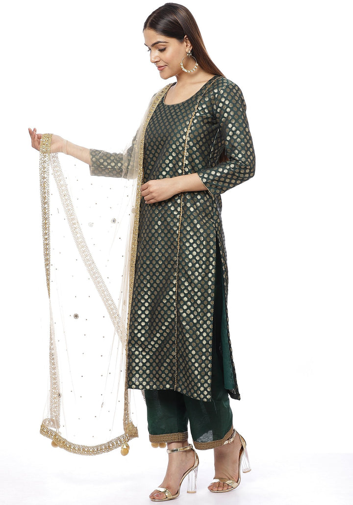 anokherang Combos Emerald Green Brocade Panelled Kurti with Straight Palazzos and Gold Net Stone Dupatta