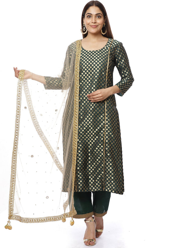 anokherang Combos Emerald Green Brocade Panelled Kurti with Straight Palazzos and Gold Net Stone Dupatta