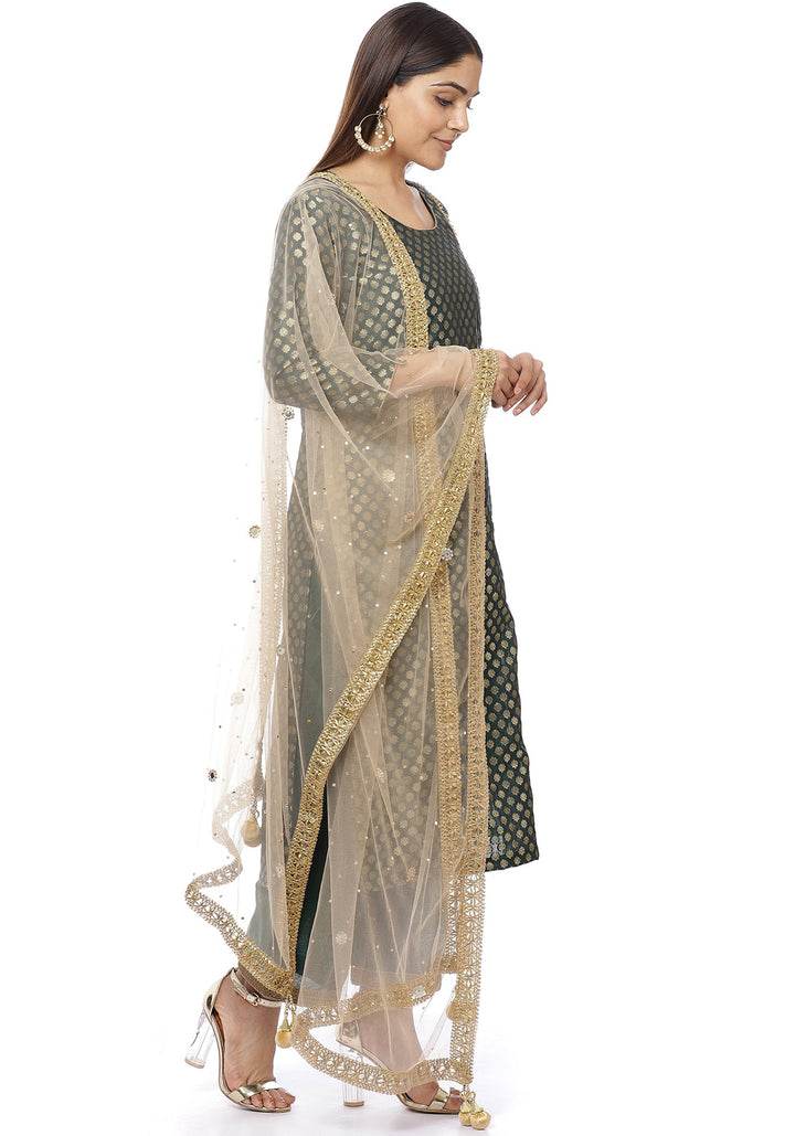 anokherang Combos Emerald Green Brocade Panelled Kurti with Straight Palazzos and Gold Net Stone Dupatta
