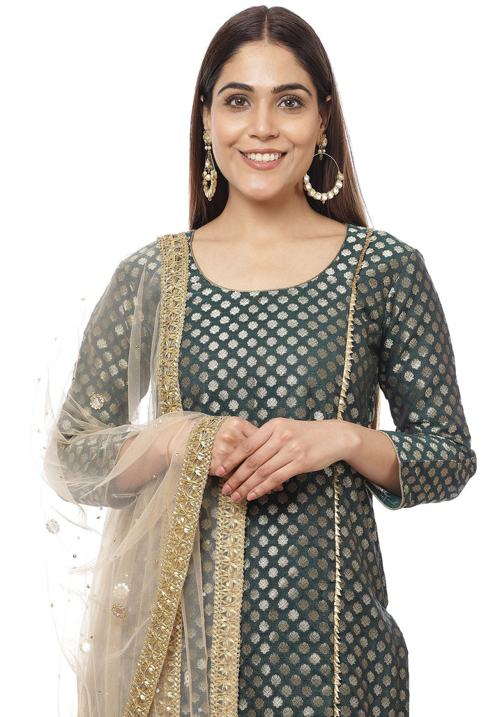 anokherang Combos Emerald Green Brocade Panelled Kurti with Straight Palazzos and Gold Net Stone Dupatta