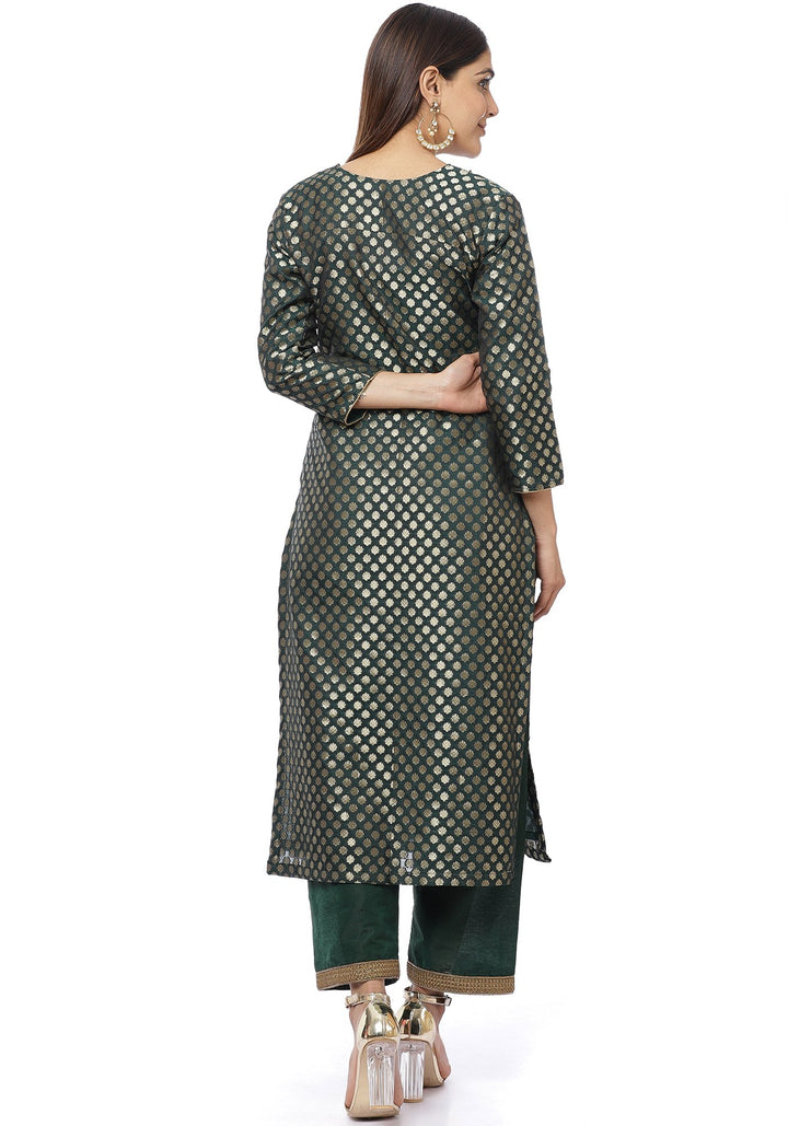 anokherang Combos Emerald Green Brocade Straight Gotta Kurti with Straight Palazzo and Mirror Stone Dupatta