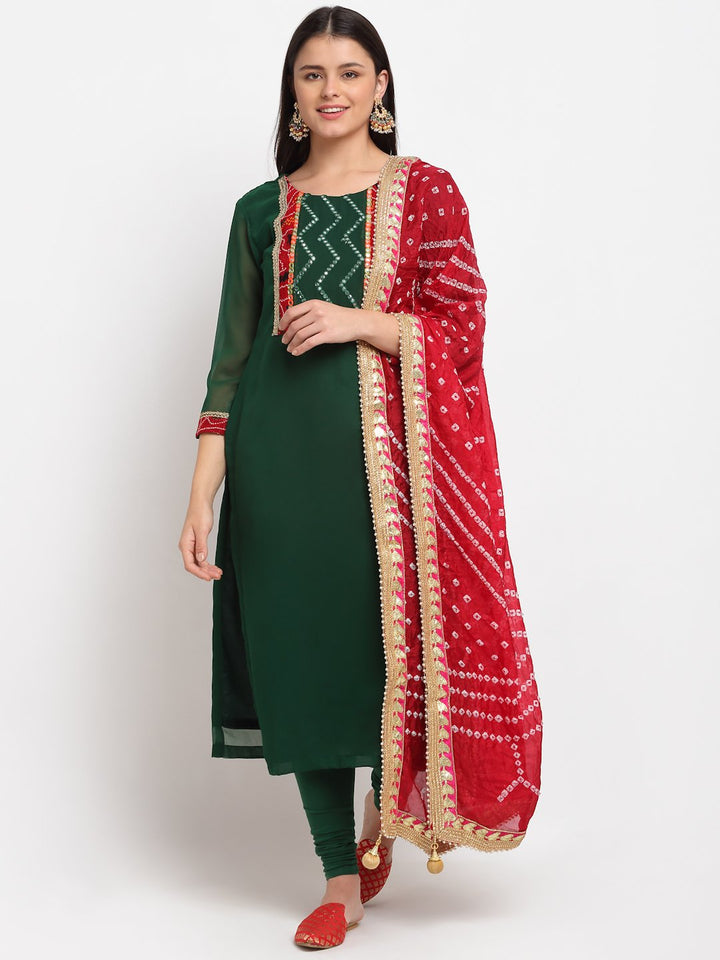 anokherang Combos Emerald Green Georgette Mirror Kurti with Churidaar and Red Bandhani Dupatta